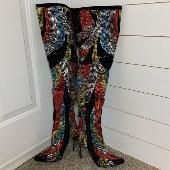 AZALEA WANG Glamoraour EMBELLISHED STILETTO BOOT thigh high 4in heel woman’s 7 - Picture 3 of 9